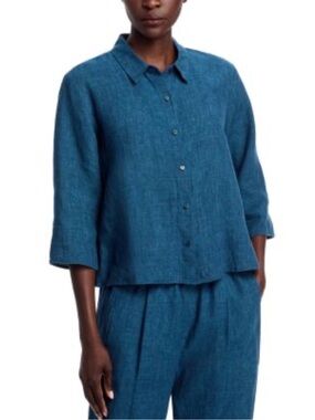 Eileen Fisher Womens  Delave Linen cropped Shirt Atlantis blue teal